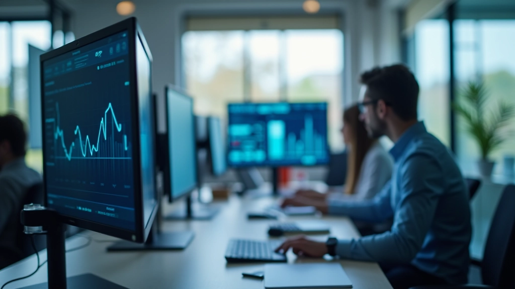 Professionele manager in modern kantoor werkt met data op meerdere schermen