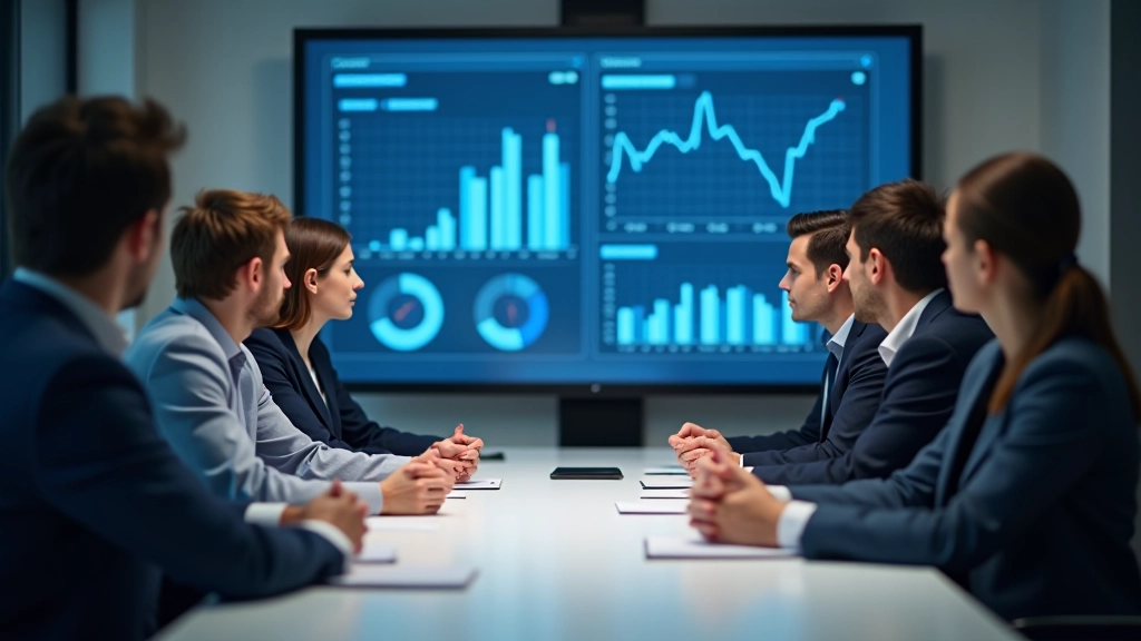 Diverse team luistert naar presentatie met datavisualisaties op groot scherm
